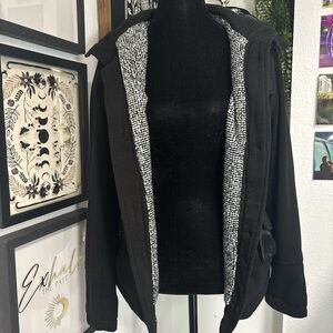 YOKI Women’s Black Hooded Jacket Mixed Media Tweed Knit Lining Full Zip M/L